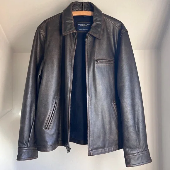 Vintage Brown Leather Bomber Jacket Faded Distressed Oversized Full Zip